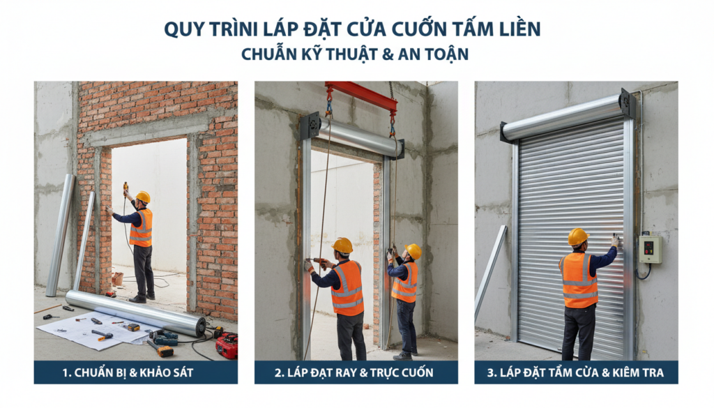 Quy trình lắp đặt cửa cuốn tấm liền chuẩn kỹ thuật an toàn